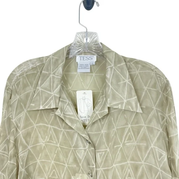 Vtg 90s NWT Tess 100% Silk Button Down Blouse Green Beige Semi-Sheer Size L - Picture 3 of 11